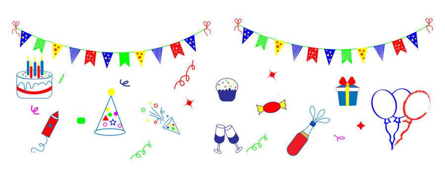 Birthday doodle icon element set. Hand drawn birthday sketch doodle. Party, carnival celebration concept background.