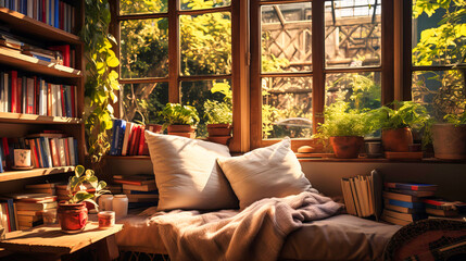 A cozy reading nook by the window, bathed in warm light, surrounded by stacks of assorted books - obrazy, fototapety, plakaty