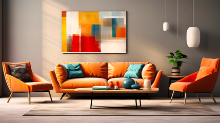 A modern and minimalist living room, featuring sleek furniture and accents of vibrant colors.