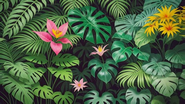 jungle forest.  flowers and Monstera background, 