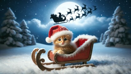 Tiny kitten with Santa hat in sleigh, clear Christmas Eve sky
