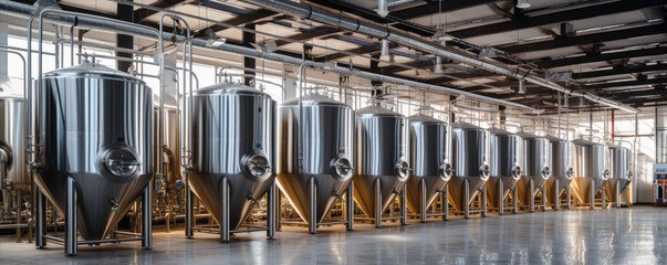 Obraz premium Fermentation beer tanks in row. Shiny metal modern brewery tanks in beer company.