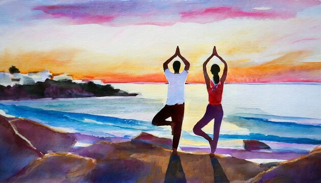Yoga couple silhouette at sunset by the sea. Painting, watercolor style.