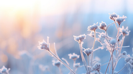 Frozen icy flowers in winter. Frost-covered wildflowers in winter field on the evening or morning. ai generative - obrazy, fototapety, plakaty