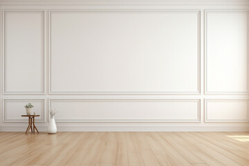 Fototapeta na wymiar Explore this Scandinavian-inspired mock-up featuring, empty room with white wall, wooden floor, wooden flooring in 3D illustration. Ideal for interior design showcases. Generative AI.