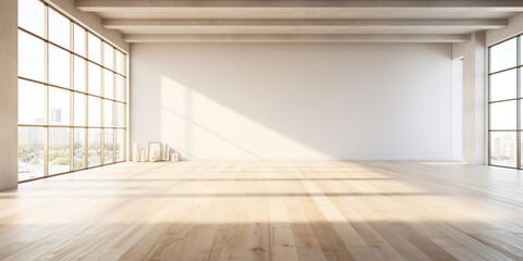 Explore this Scandinavian-inspired mock-up featuring, empty room with white wall, wooden floor, wooden flooring in 3D illustration. Ideal for interior design showcases. Generative AI. - obrazy, fototapety, plakaty