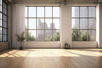 View of white empty room, a summer landscape 3D illustration epitomizes Scandinavian interior design, offering a sense of relaxation and calmness. Ideal for showcasing interior concepts. Generative AI