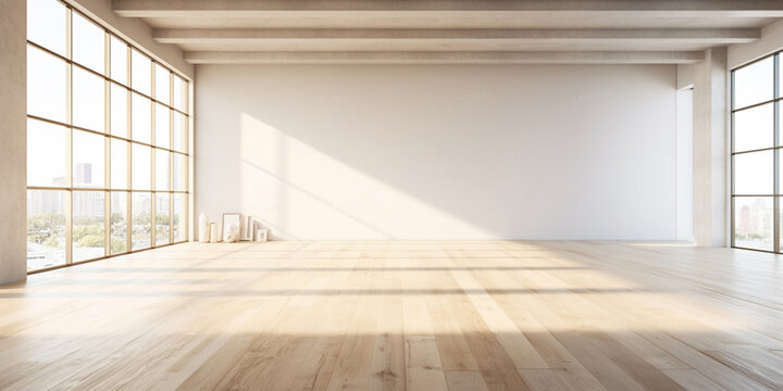 Fototapeta Explore this Scandinavian-inspired mock-up featuring, empty room with white wall, wooden floor, wooden flooring in 3D illustration. Ideal for interior design showcases. Generative AI.