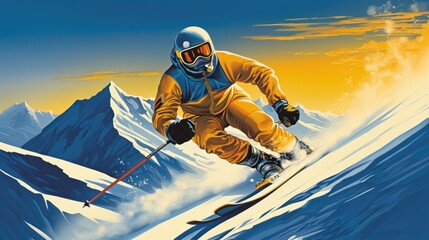 Futuristic athlete of the space skiing in alpine skiing, mountains in the background, winter olympics, blue and gold - obrazy, fototapety, plakaty