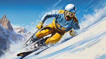 Futuristic athlete of the space skiing in alpine skiing, mountains in the background, winter olympics, blue and gold - obrazy, fototapety, plakaty
