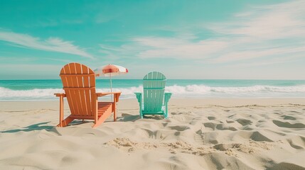 Two beach chairs side by side. Beach scene with boho beach colors - obrazy, fototapety, plakaty