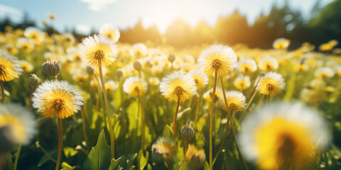 Obraz premium dandelions growing on the background of a green meadow. generative artificial intelligence