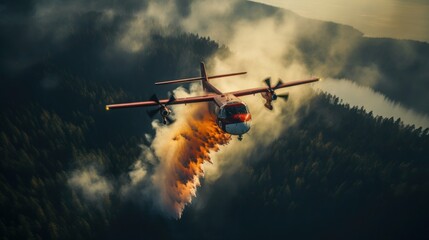 Fototapeta premium Using counterfire: a method of fighting forest fires. Firefighting aircraft in action against a devastating forest fire at dusk.
