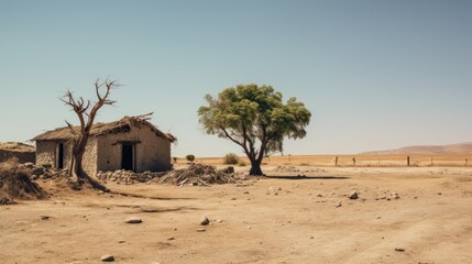 Landscape of an old dilapidated house standing in the middle of a barren land.