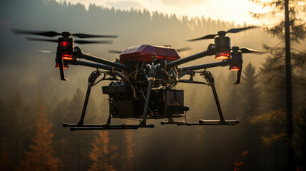 Use in the disaster area: A drone explores the condition of the fire areas in the wilderness.