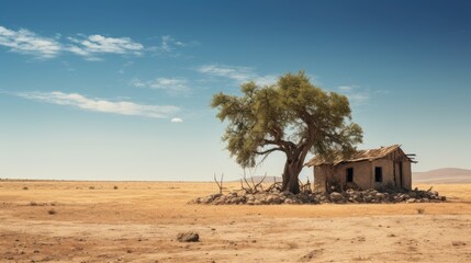 Landscape of an old dilapidated house standing in the middle of a barren land.