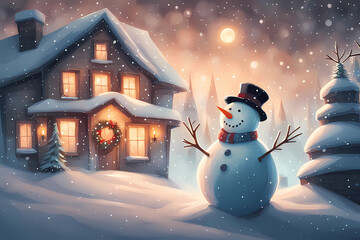 Obraz premium beautiful draw of christmas festivity, illustration of christmas snowman, happy xmas snowman decor, winter and christmas celebration