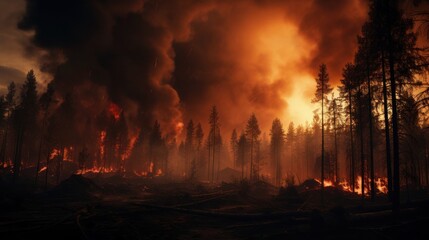 Obraz premium Force of nature in flames: A nighttime forest fire scenario unfolds