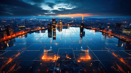 A sprawling cityscape viewed from above, a mosaic of lights twinkling in the twilight.