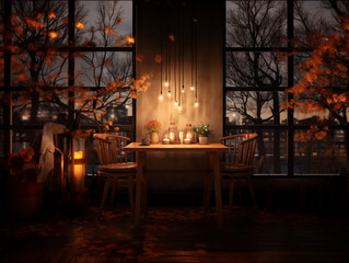 A wooden table with chairs and candles in a coffee shop with Christmas decoration