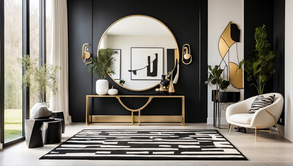 A modern-styled entryway with a sleek and minimalist design, featuring a bold color palette of black, white, and gold accents - AI Generative