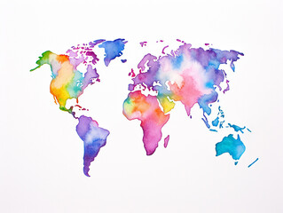 Illustration of colored watercolor world map on white background