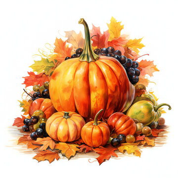 Happy Thanksgiving cartoon watercolour image. pumpkins, autumn leaves, isolated on white background.