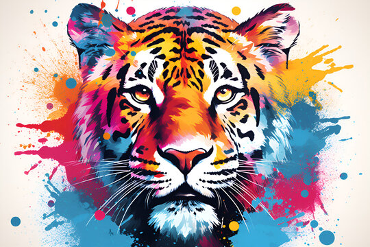 Tiger on white screen with colorful spots
