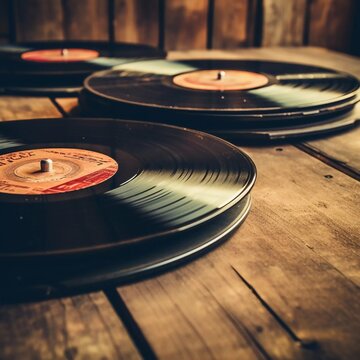Close up image of old records over wooden table, retro image, AI generatoe
