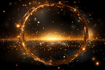 Gold glitter circle of light shine sparkles and golden spark particles in circle frame on black background. Christmas magic stars glow, firework confetti of glittery ring shimmer