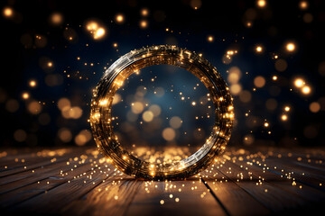 Gold glitter circle of light shine sparkles and golden spark particles in circle frame on black background. Christmas magic stars glow, firework confetti of glittery ring shimmer