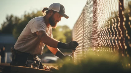 Fotobehang a worker installs a mesh fence on a plot of land. ai generative © Oleksandr