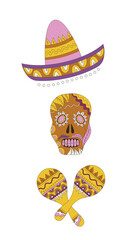 Bright colorful stylish vector illustration about Mexico. Traditional Mexican symbols Mexican skull, sombrerero, maracas isolated on white background. Flat design. Hand-drawnd. Vector illustration.