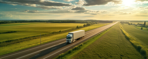 Truck on freeway top air view. Truck driving at beautiful spring landscape. - obrazy, fototapety, plakaty