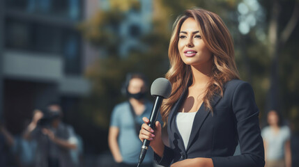 journalist and TV presenter conducts a live report from the scene with a microphone in front of the camera. ai generative - obrazy, fototapety, plakaty