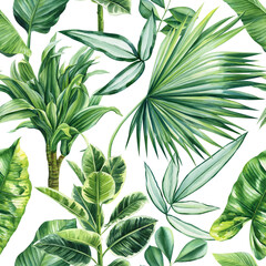Tropical seamless pattern with palm Leaves, tropic plants on white background, watercolor botanical illustration