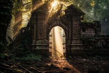 Fototapeta na wymiar Old abandoned gate Hidden within a forgotten jungle. Old gate with lush vegetation forest.