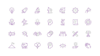 Innovative Team Management Icons. Editable Stroke Vector Icons. This icon set represents creative business solutions for innovative team management.
