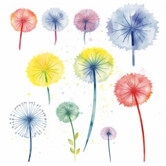 Set of watercolor dandelions flowers on white background clipart