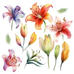 Fototapeta na wymiar Set of watercolor lily flowers on white background clipart