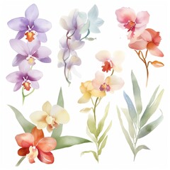 Fototapeta na wymiar Set of watercolor orchid flowers on white background clipart