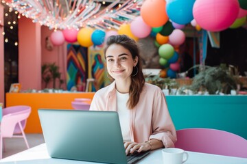 happy woman sitting at table with laptop in cafe
