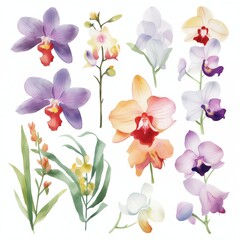 Set of watercolor orchid flowers on white background clipart