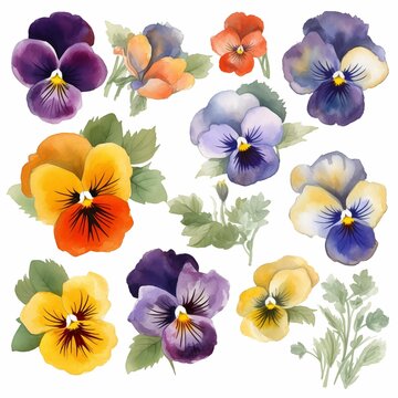 Set of watercolor pansies flowers on white background clipart