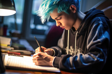 Focused teenager boy with blue hair sketches at a desk, computer glowing nearby