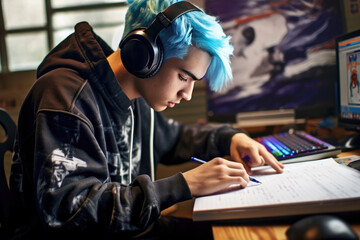 Young boy with blue hair studying at a desk, computer glowing nearby - obrazy, fototapety, plakaty