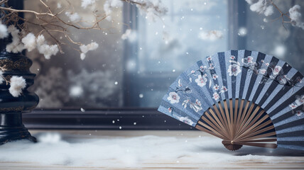 Traditional Japanese fan with snow winter landscape background