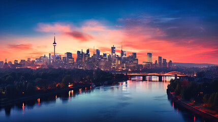 A panoramic city skyline at dusk, the buildings silhouetted against the fiery hues of the setting sun.