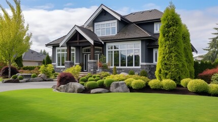 Custom built luxury house with nicely trimmed and designed front yard, lawn in a residential neighbourhood in Canada