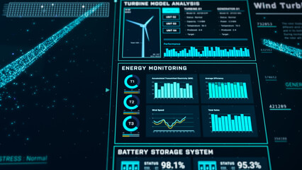 Futuristic wind turbine energy control center interface design, digital data network battery management system, green renewable power technology software, engineering iot HUD information 3d rendering © ZETHA_WORK